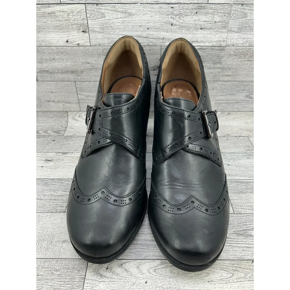 Clarks Women Sz 11M Black Leather‎ Monk Strap Wingtip Brogue Block Heel Shooties